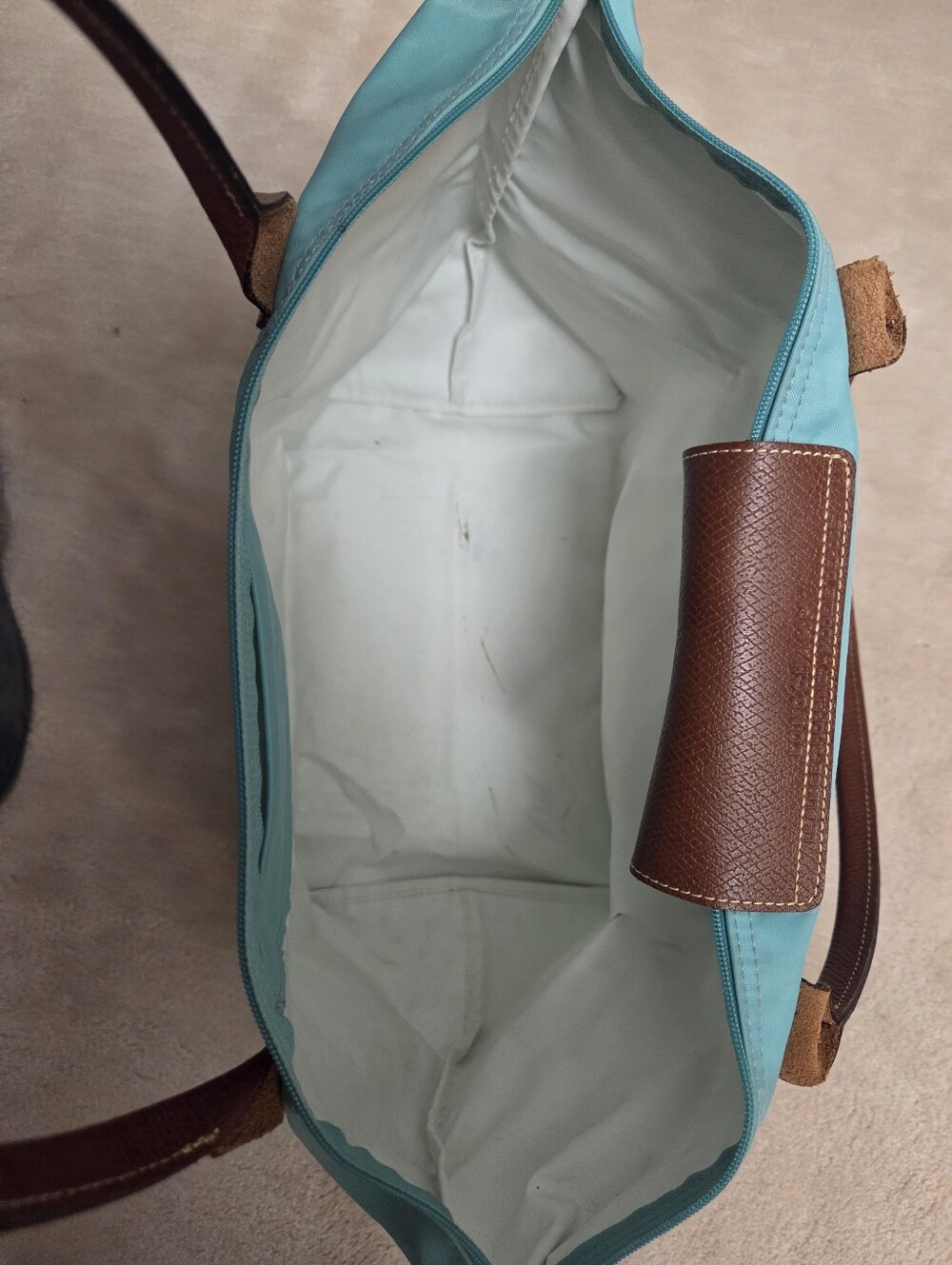 Longchamp Le Pliage Large Tote Bag - Turquoise with Brown Trim - Picture 3 of 3